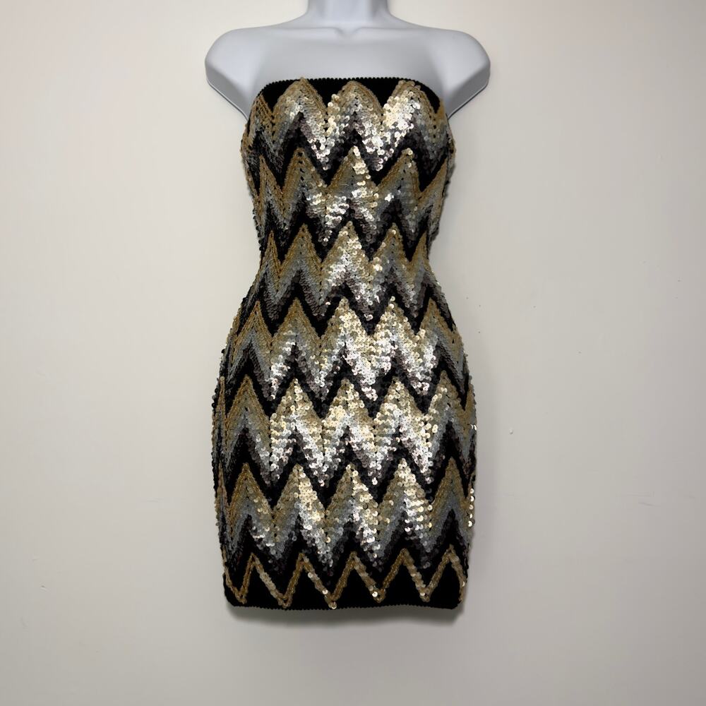 WOW COUTURE Black Gold Strapless Sexy Sequins Dress Size S Small